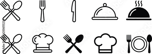 Tableau sur toile Fork, cutlery icon collection including spoon, knife, plate, chef hat, and servi