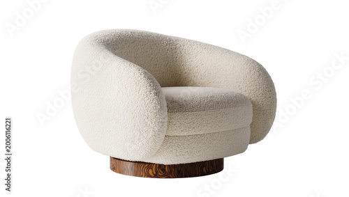 Photography Plush cream boucle armchair with wooden swivel base, isolated on transparent bac