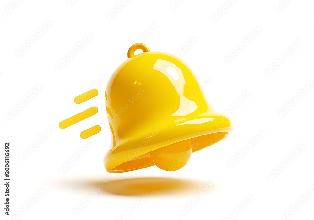 Fototapeta premium Shiny yellow 3d ringing bell notification icon isolated on white studio background.