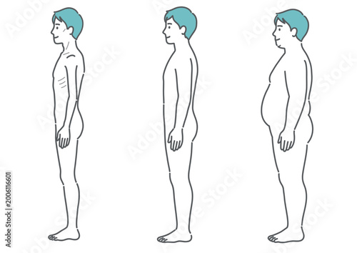 成人男性の体型比較イラスト（痩せ型・標準・肥満の3種セット・側面）