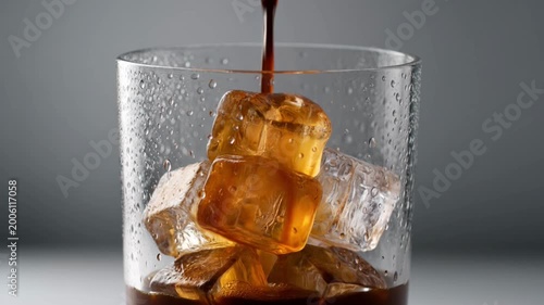 Iced coffee pouring over ice cubes in glass with splash and condensation refreshing cold drink close up