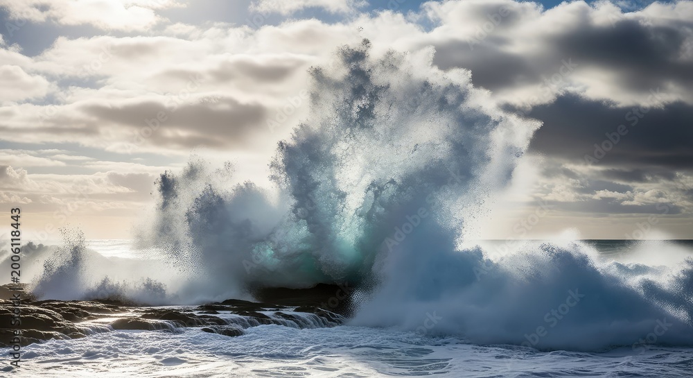 Obraz premium Massive blue waves crash with immense force against a rocky shoreline, creating white foam and mist beneath a dynamic and cloudy atmosphere, movement, mist, coastal
