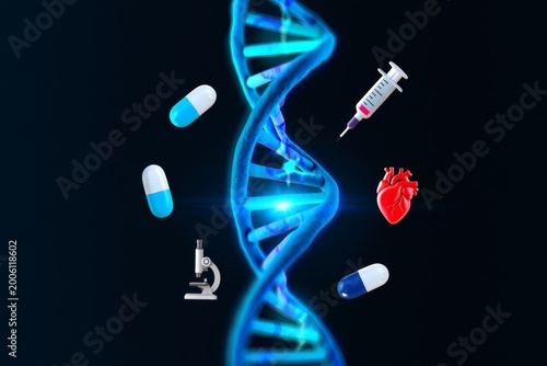 Medical research illustration shows DNA helix with pills, syringe, heart, and microscope