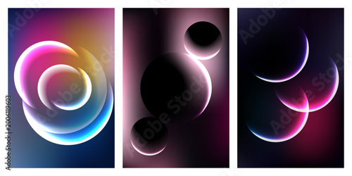 Abstract gradient colorful neon spheres and glowing circles on dark digital background with vibrant rainbow glass design