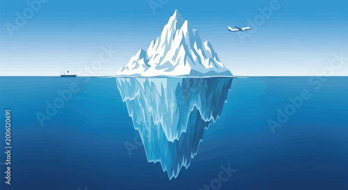 Digital vector illustration of a massive floating iceberg hidden beneath the deep blue ocean water surface