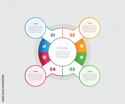 Circle base infographic with gradient style with circular cycle sharp axe shape with circle badge with 4 elements stages