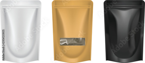Three blank white flexible pouches with caps for liquid packaging, isolated on white background