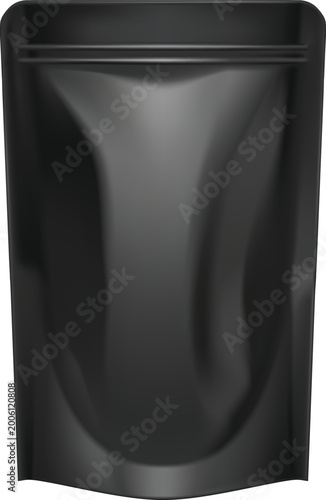 Matte black stand up pouch with zipper seal isolated on a white background, for product packaging