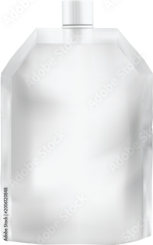 Single blank white flexible plastic pouch with centered spout, isolated on white background