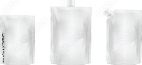 Single blank white flexible plastic pouch with centered spout, isolated on white background