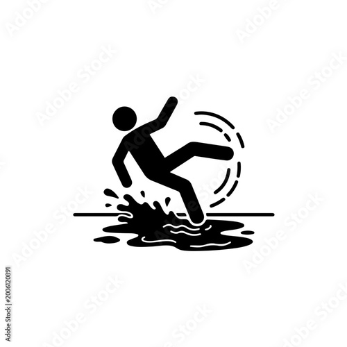 black and white safety icon depicting a person slipping on a spilled liquid puddle. This universal pictogram represents slippery surfaces, wet floor hazards, and workplace safety warnings to prevent 