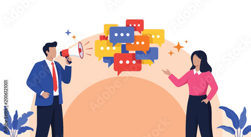 Professional man using a megaphone to communicate with a woman surrounded by colorful speech bubble icons