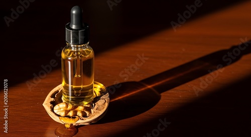 Glass dropper bottle with walnut oil natural cosmetic serum in a cracked walnut shell concept of organic skincare and wellness dramatic lighting