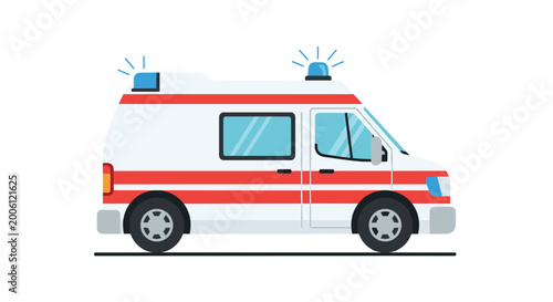 White ambulance van with red stripes and blue emergency lights parked on a gray road in a simple flat illustration style.