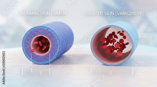 Comparison of normal vein lumen and dilated vein varicosity in detailed medical illustration