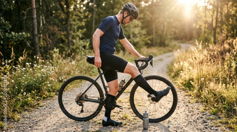 Obraz premium Male cyclist in black gear adjusts bike on gravel path surrounded by trees and sunlight