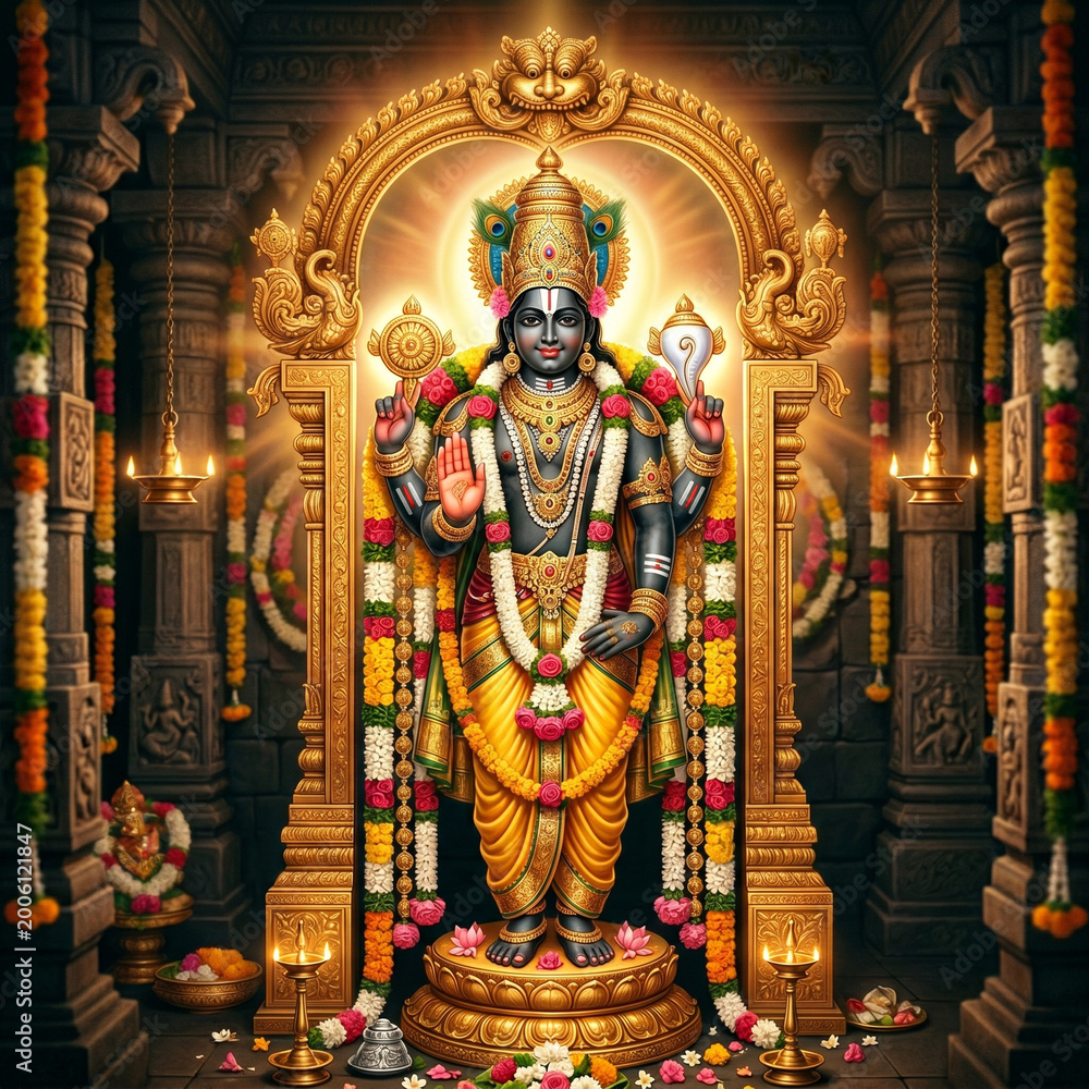 Fototapeta premium Traditional Idol of Lord Vishnu in Ornate Golden Temple Shrine 
