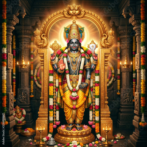 Traditional Idol of Lord Vishnu in Ornate Golden Temple Shrine
