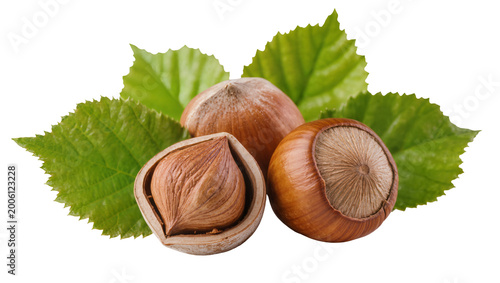 Fotografía Three whole hazelnuts with green leaves, isolated on transparent background