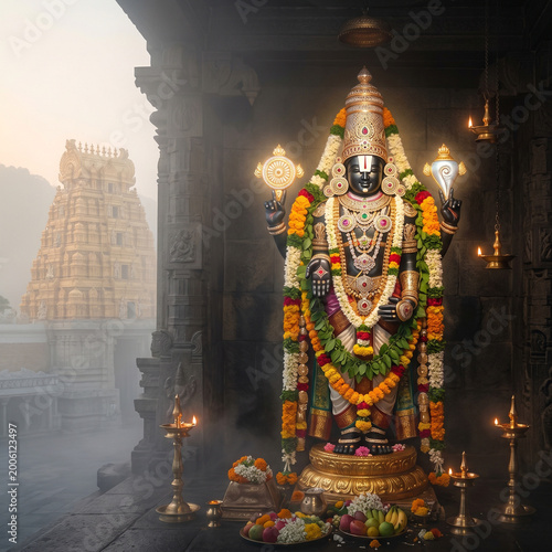 Divine Lord Vishnu Idol Standing in an Ancient Stone Temple Courtyard
