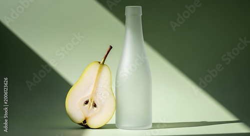 Half pear and frosted bottle with dramatic shadows minimalist still life composition for food and beverage concepts isolated on a soft green background