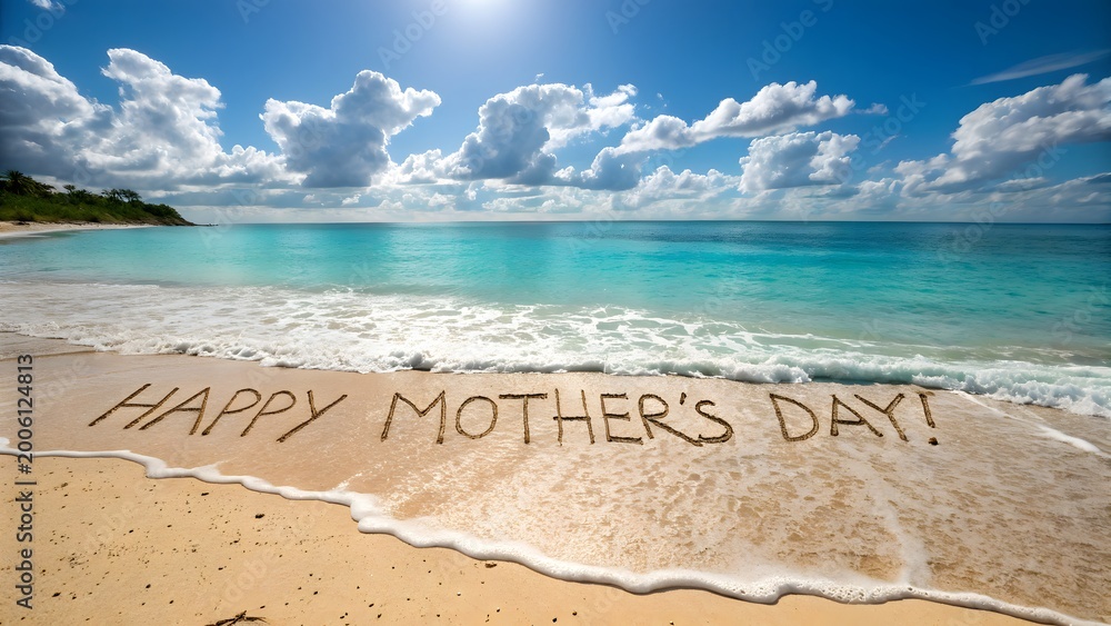 Fototapeta premium happy mother's day message written in beach sand with tropical ocean and sky background