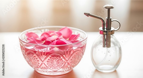 Rose petals floating in a decorative glass bowl with rose water next to a vintage spray bottle concept for natural skincare and aromatherapy
