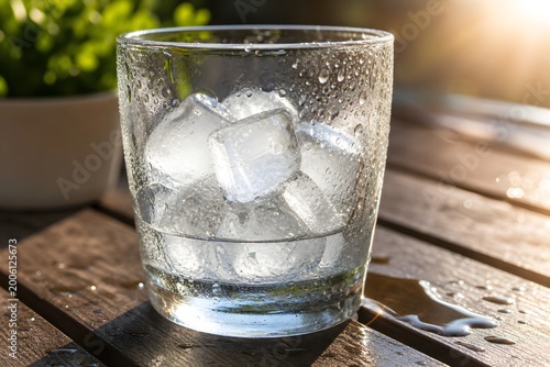 Realistic illustration of ice cubes melting in glass under warm sunlight with water droplets