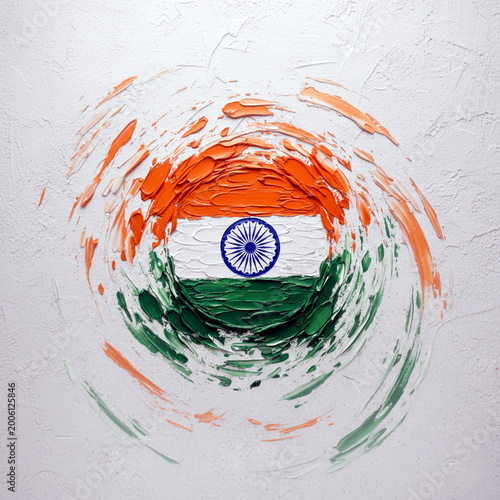 Indian National Flag, featuring thick, textured palette knife strokes in round circle flying in the sky. Centered in the middle band is a navy blue Ashoka Chakra. 18x18 inch (3)