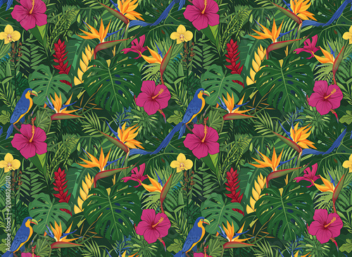 Vibrant tropical jungle seamless pattern with exotic birds lush greenery colorful flowers and maximalist design elements