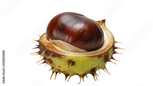 Schilderij op canvas Brown horse chestnut seed inside spiky green husk, isolated on transparent backg
