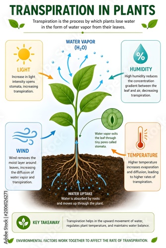 Classroom science poster of transpiration process with environmental factors and water movement arrows
