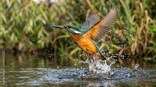 kingfisher diving for fish in river splash