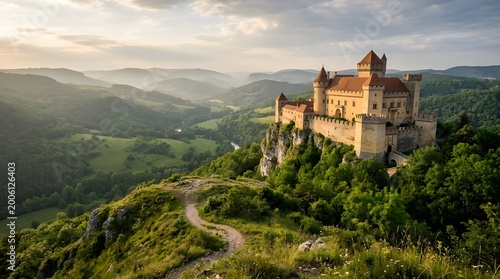 historic castle on hilltop at sunrise in misty valley