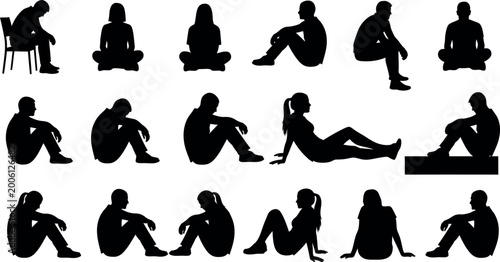 Obraz na plátně Collection of silhouetted people sitting in various poses reflecting contemplati