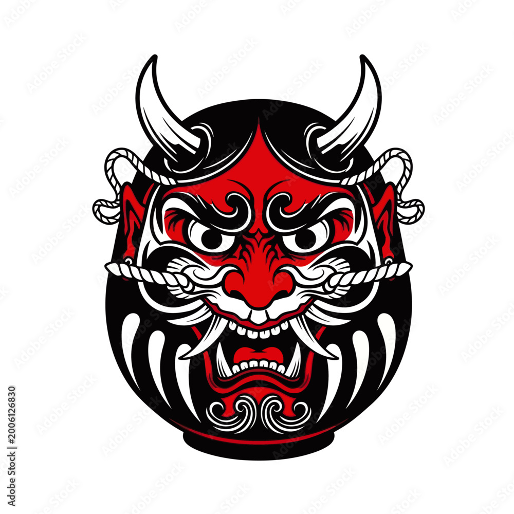 Fototapeta premium Stylized Japanese Daruma doll with an Oni demon face, featuring horns, fangs, and a fierce expression in red, black, and white.