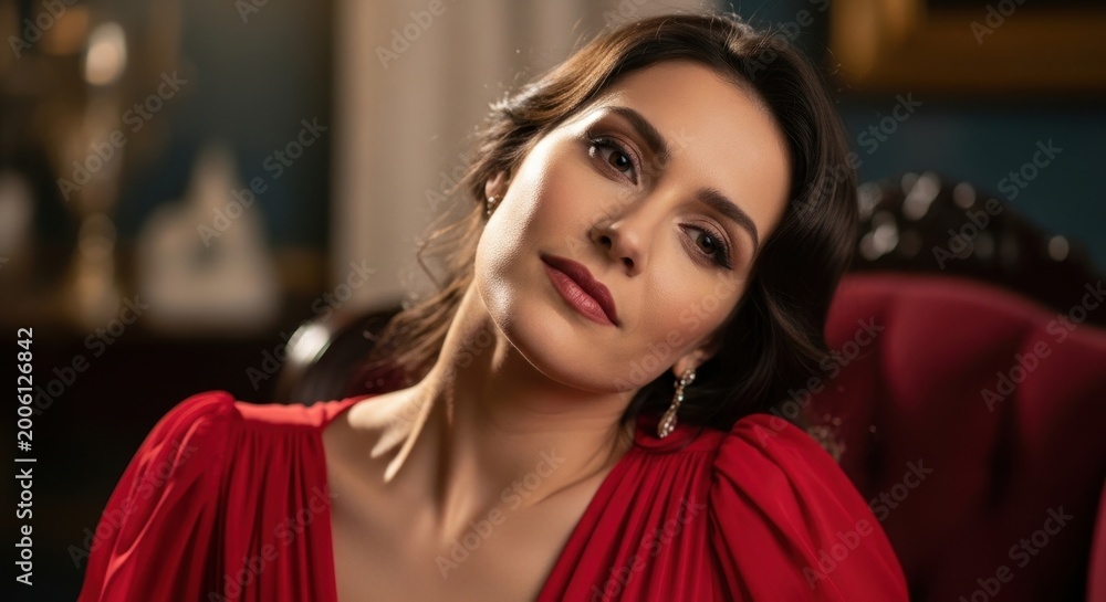Fototapeta premium Elegant Woman in Red Dress Posing Indoors with Confidence.