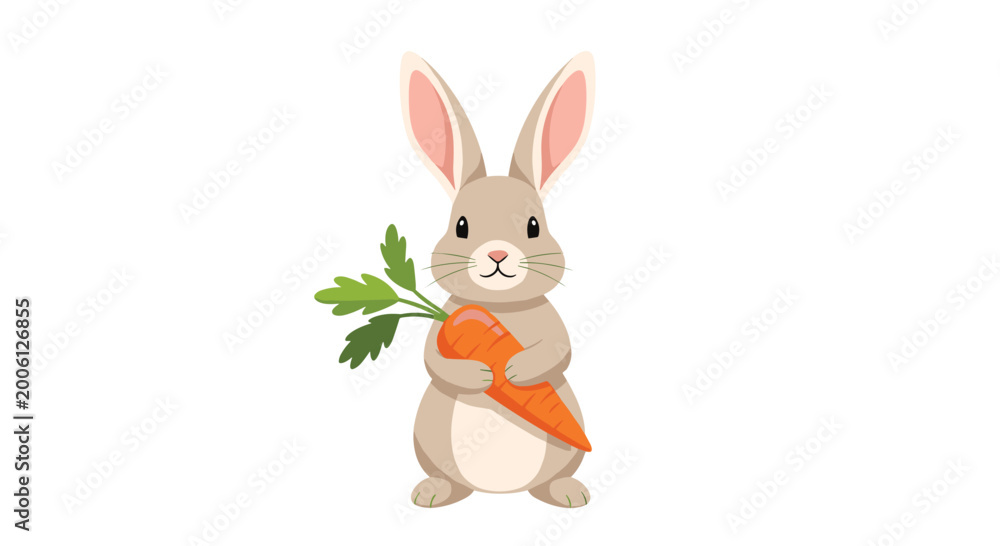 Fototapeta premium A cute cartoon bunny rabbit standing and holding a large orange carrot isolated on a plain white background.