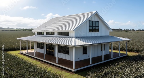 Modern white farmhouse with wrap-around porch set in a lush green field under a clear blue sky ideal for real estate and lifestyle concepts