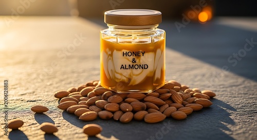 Glass jar of golden honey and almonds natural sweetener and healthy food ingredient isolated on textured surface with soft light