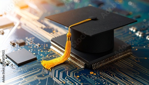 Graduation cap on glowing circuit board symbolizing digital learning