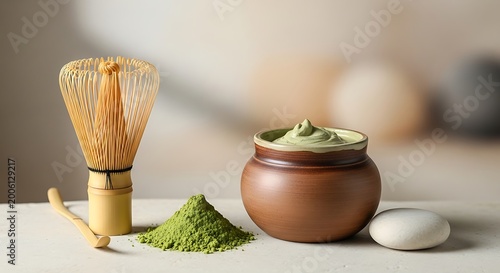 Matcha tea preparation set with whisk powder and paste in ceramic bowl for healthy lifestyle and wellness concepts