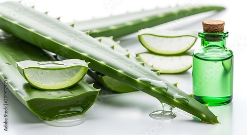 Aloe vera leaves with slices and essential oil in a green bottle natural skincare ingredient for health and beauty isolated on white background