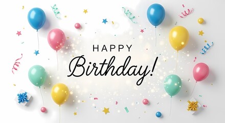 Colorful balloons and confetti celebrate a happy birthday on white background