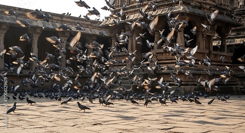 Flock of pigeons flying in front of an ancient Indian temple courtyard symbolizing freedom and spirituality perfect for travel and cultural themes
