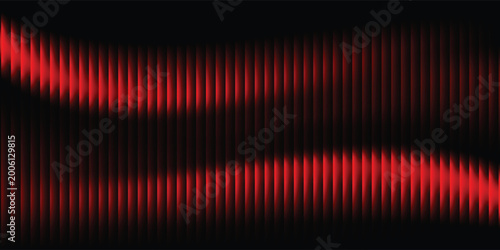 Abstract black background with glowing vertical red ribbed lines, creating a fractal glass effect, digital noise, or glitch. Editable vector illustration.