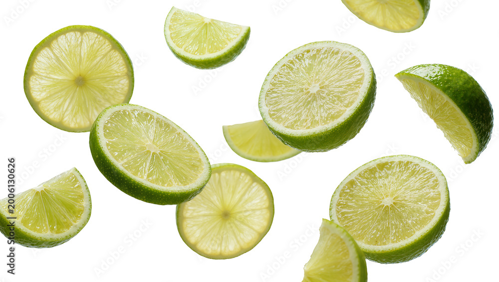 Εκτύπωση καμβά Fresh green lime slices and wedges scattered, isolated on transparent background