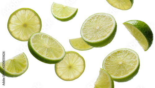 Cuadro en lienzo Fresh green lime slices and wedges scattered, isolated on transparent background