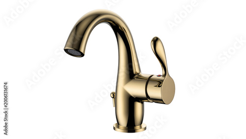 Cuadro en lienzo Shiny golden brass faucet with curved spout, isolated on transparent background