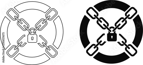 Locked coin with chain. Minimalist security icon set in outline and solid style